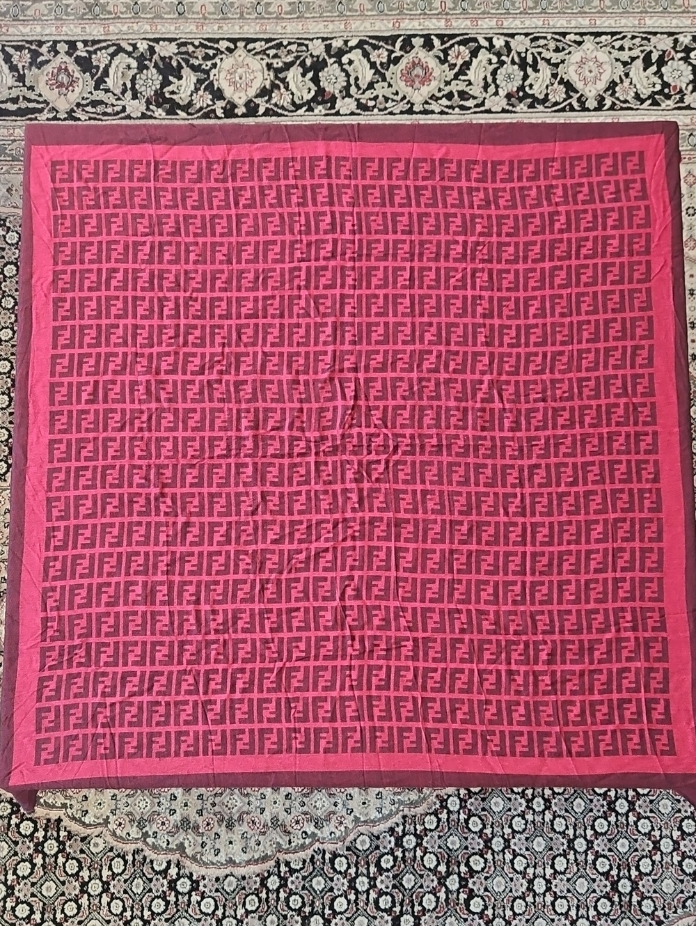 FENDI: Large Blush Pink Zucca Print Logo Square Fringe Scarf